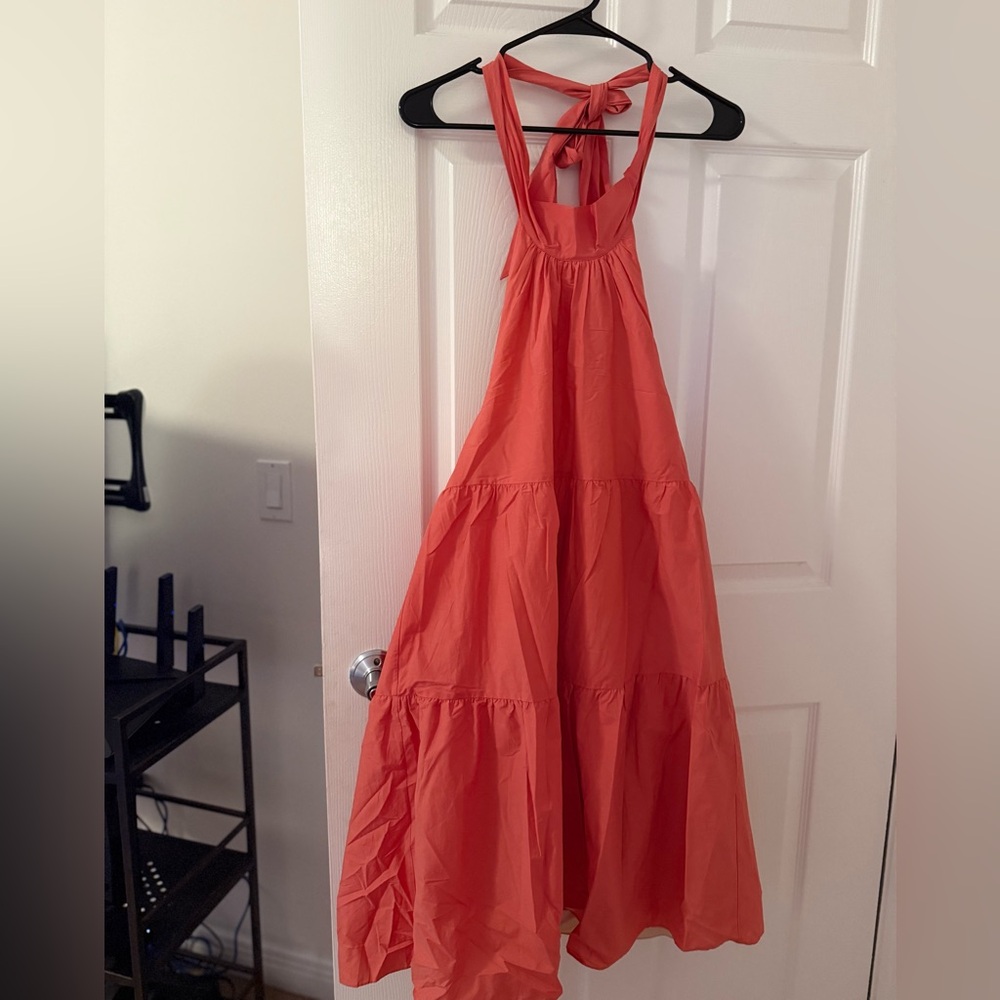 Theory Tiered Halter Midi Dress in Coral